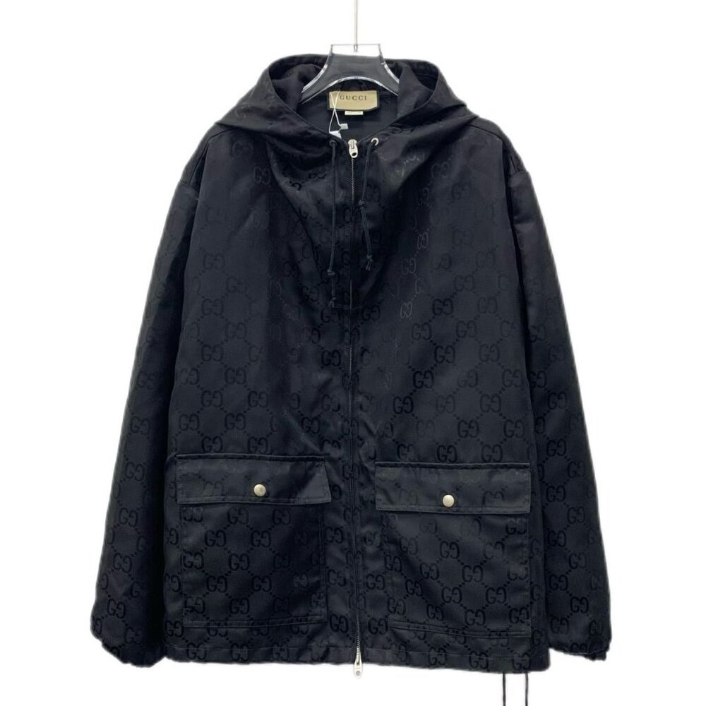 CM0496 Gucci Black GG Monogram Hooded Jacket With Front Pockets & Zip Closure